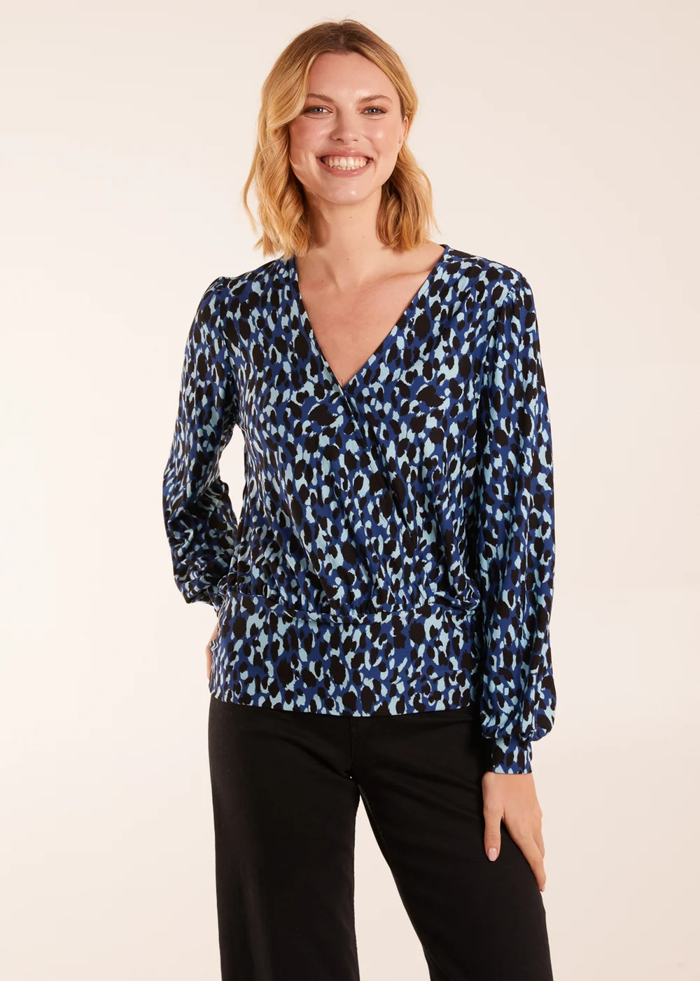 Blue Vanilla Leopard Print Wrap Front Geometric Deep Hem Band Top - S Image 1