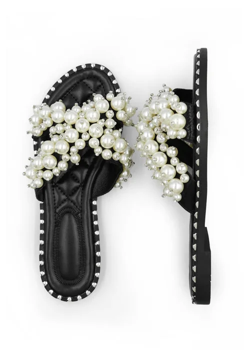 Where's That From Black Eve Pearl Embellished Flat Slider Sandals - 5 Image 2