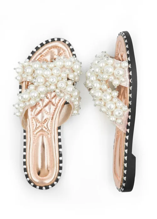 Where's That From Rose Gold Eve Pearl Embellished Flat Slider Sandals - 3 Image 2