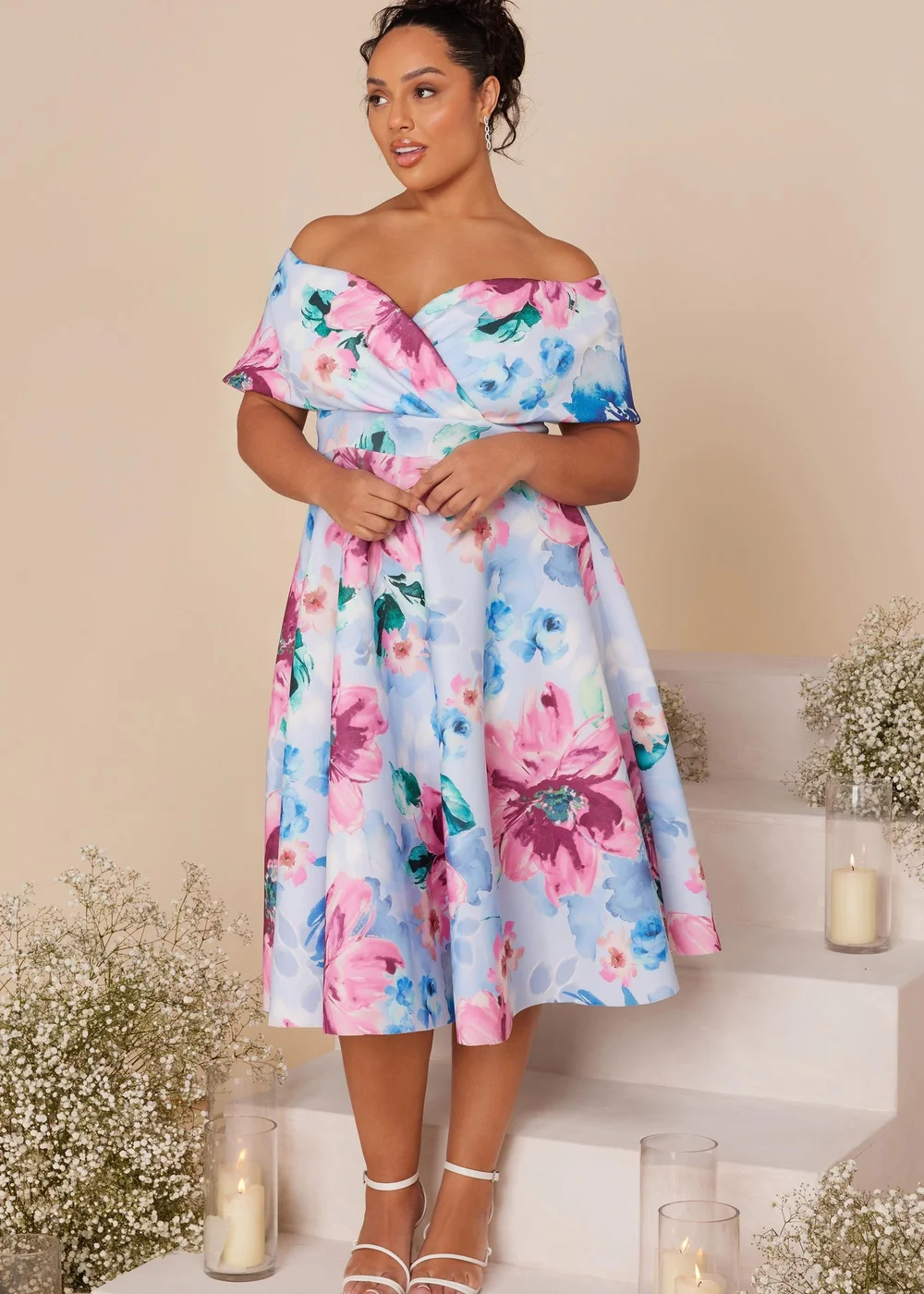 floral bardot skater dress QUIZ Women's Scuba Floral Bardot Skater Midi Dress