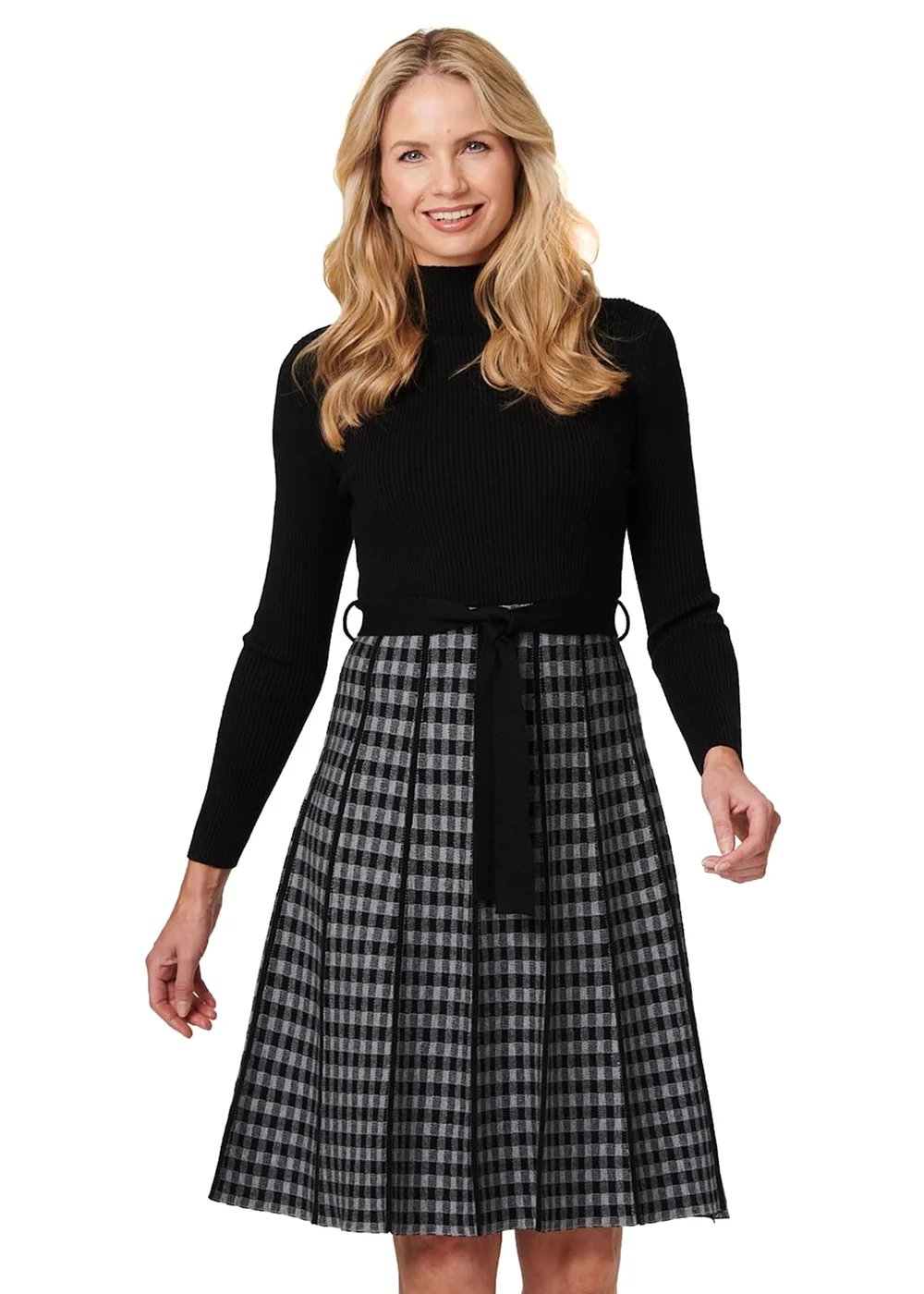 Izabel London Black Checked High Neck Knit Dress - 8 Image 4