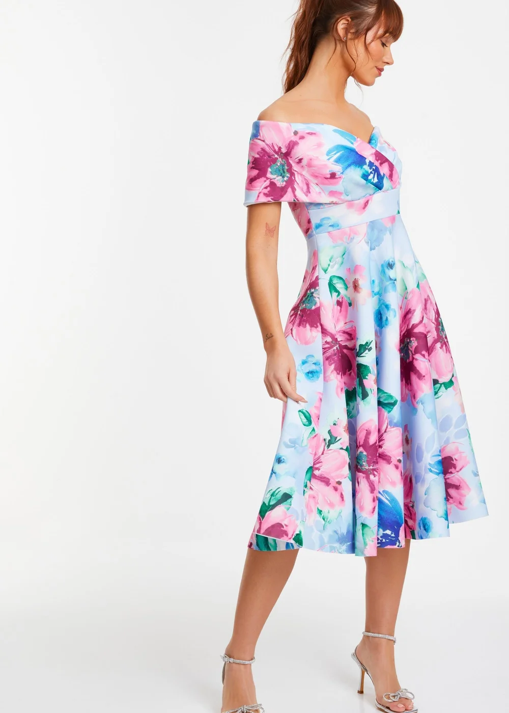 Quiz Multi Floral Bardot Skater Midi Dress - 6 Image 3