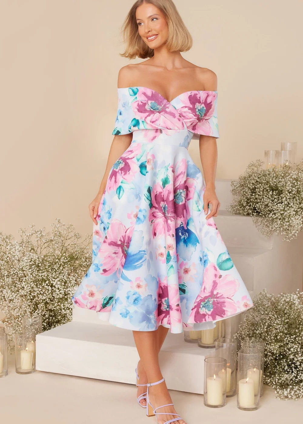Quiz Multi Floral Bardot Skater Midi Dress - 6 Image 1