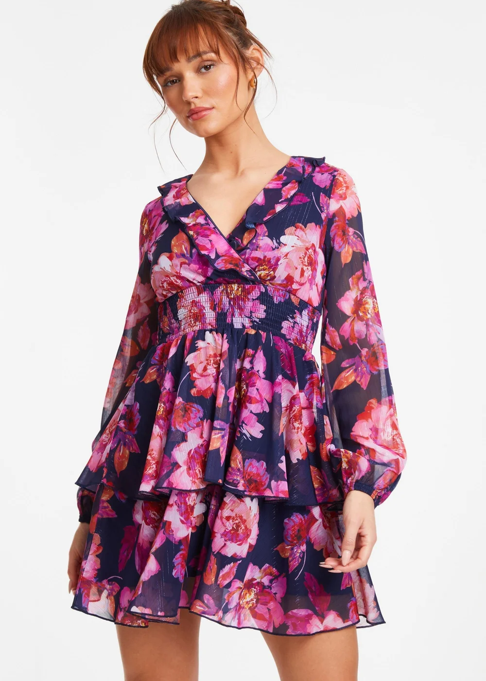 Quiz Blue Chiffon Floral Tiered Skater Mini Dress - 6 Image 1
