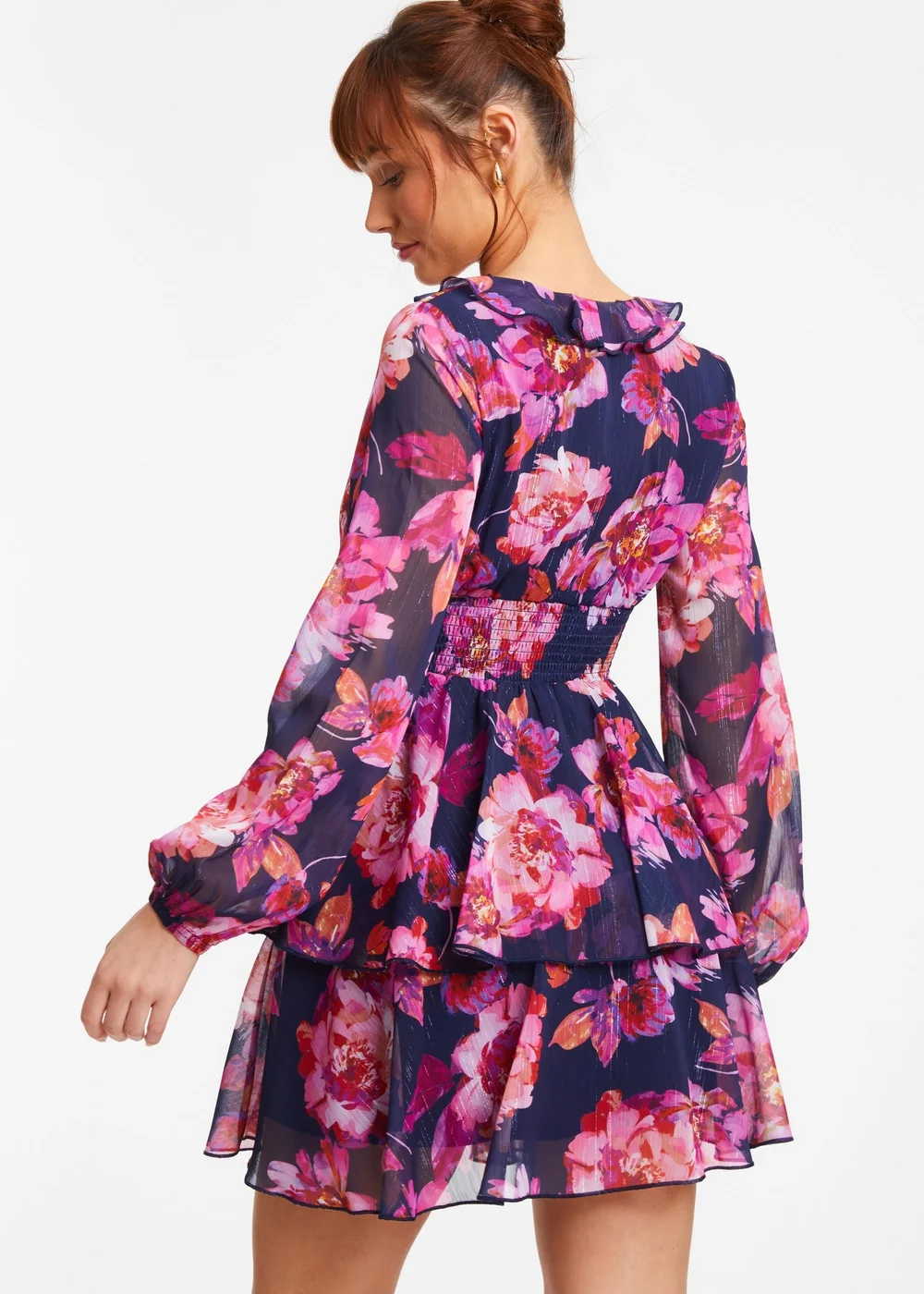 Quiz Blue Chiffon Floral Tiered Skater Mini Dress - 6 Image 2