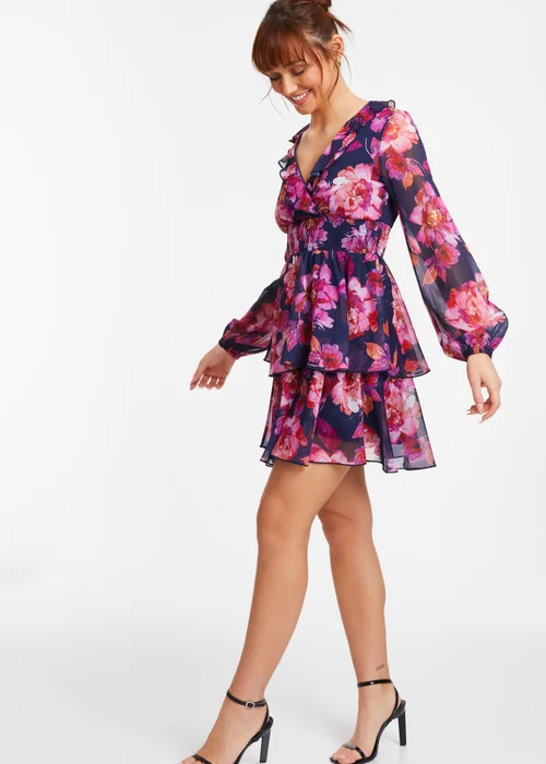 Quiz Blue Chiffon Floral Tiered Skater Mini Dress - 6 Image 3
