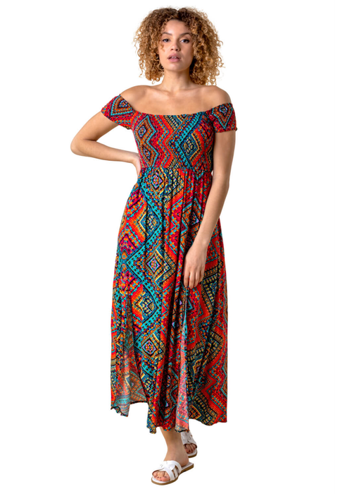 Roman Multi Shirred Aztec Print Bardot Dress - 10 Image 1