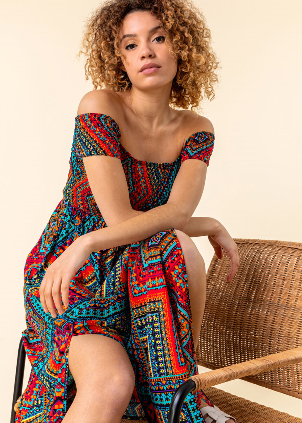 Roman Multi Shirred Aztec Print Bardot Dress - 10 Image 4