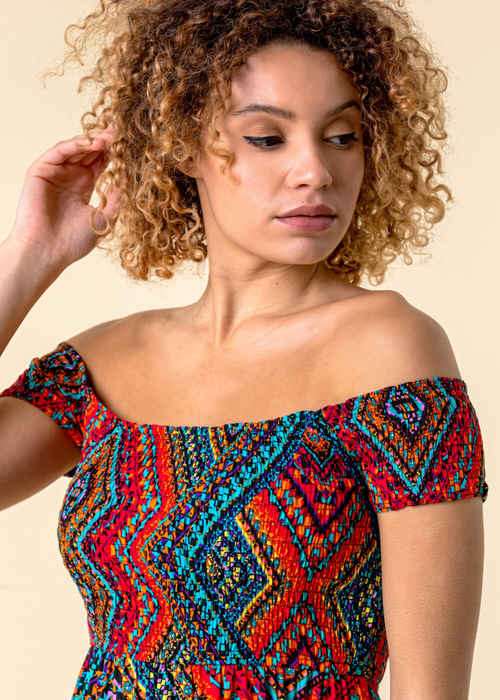 Roman Multi Shirred Aztec Print Bardot Dress - 10 Image 3