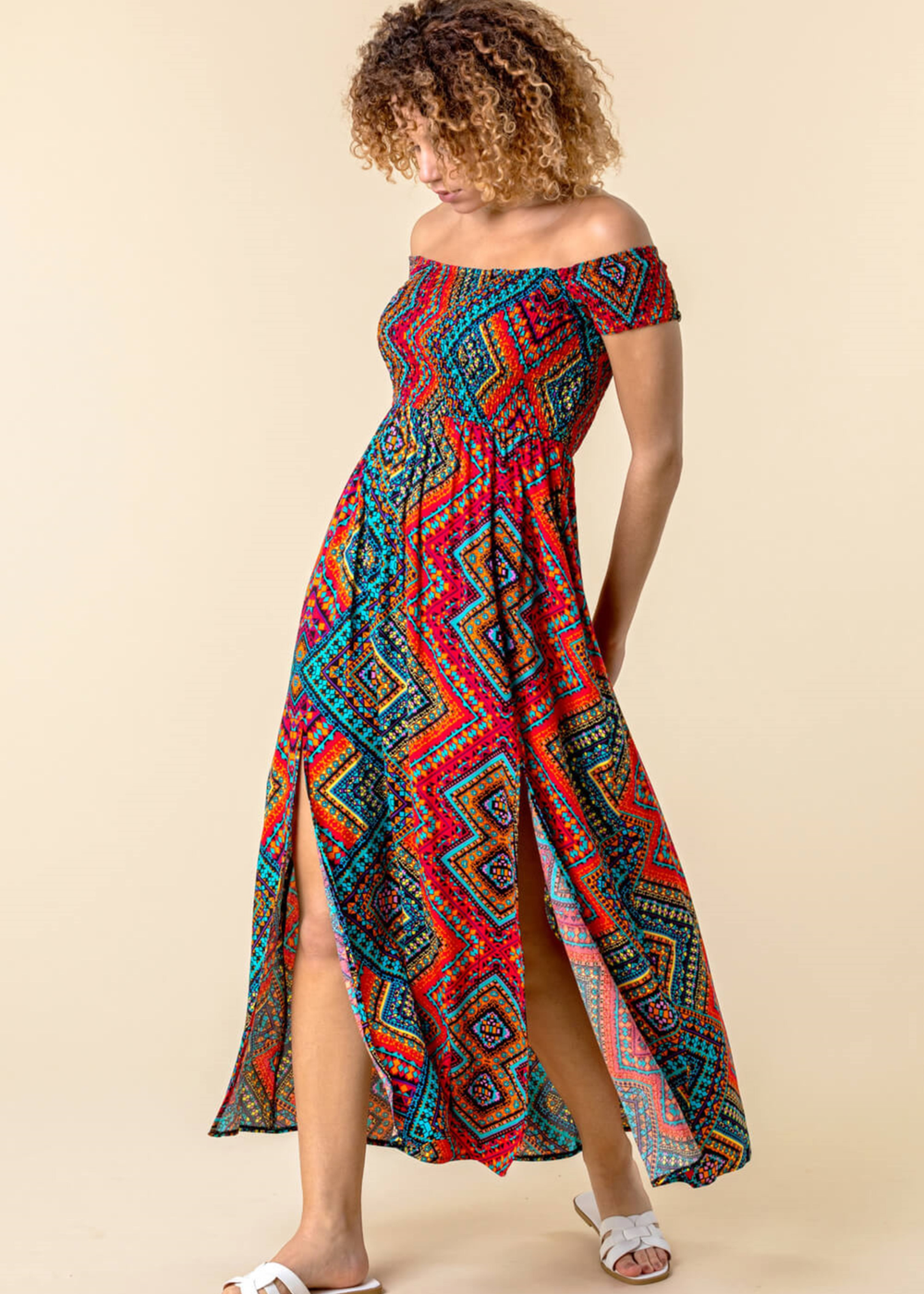 Roman Multi Shirred Aztec Print Bardot Dress - 10 Image 2
