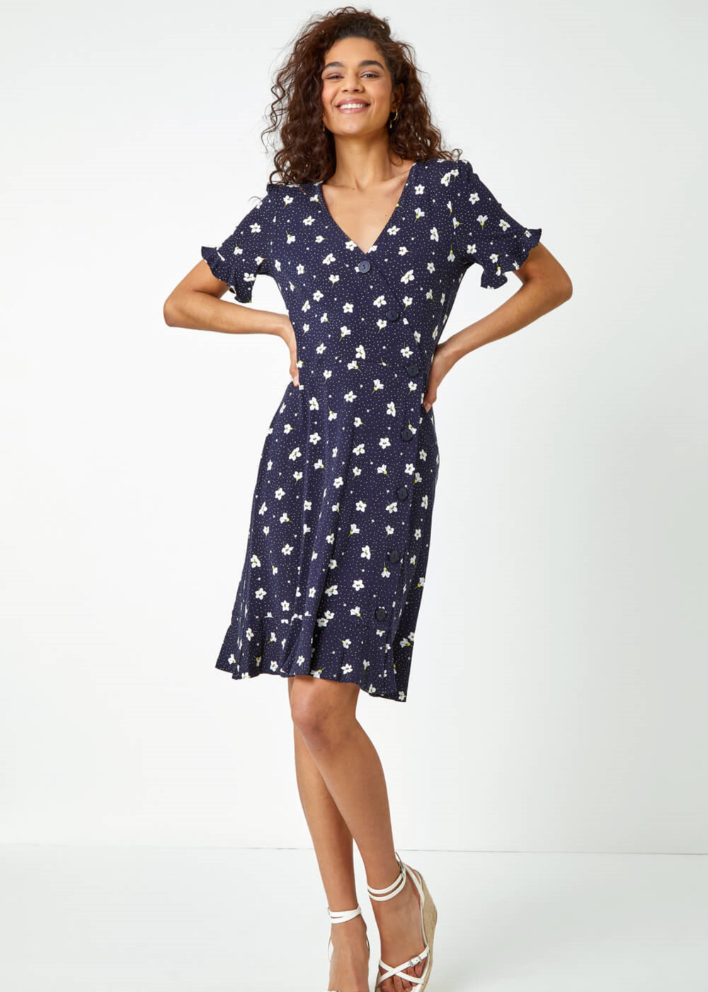 Roman Navy Floral Jersey Stretch Tea Dress - 10 Image 2