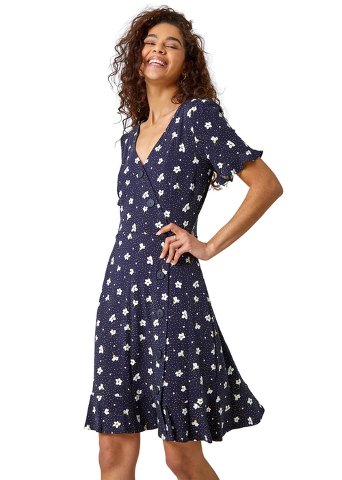 Roman Navy Floral Jersey Stretch Tea Dress - 10 Image 1