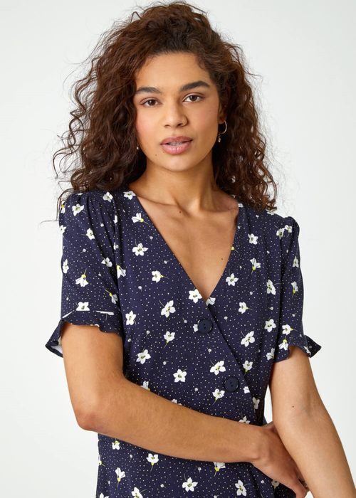 Roman Navy Floral Jersey Stretch Tea Dress - 10 Image 4