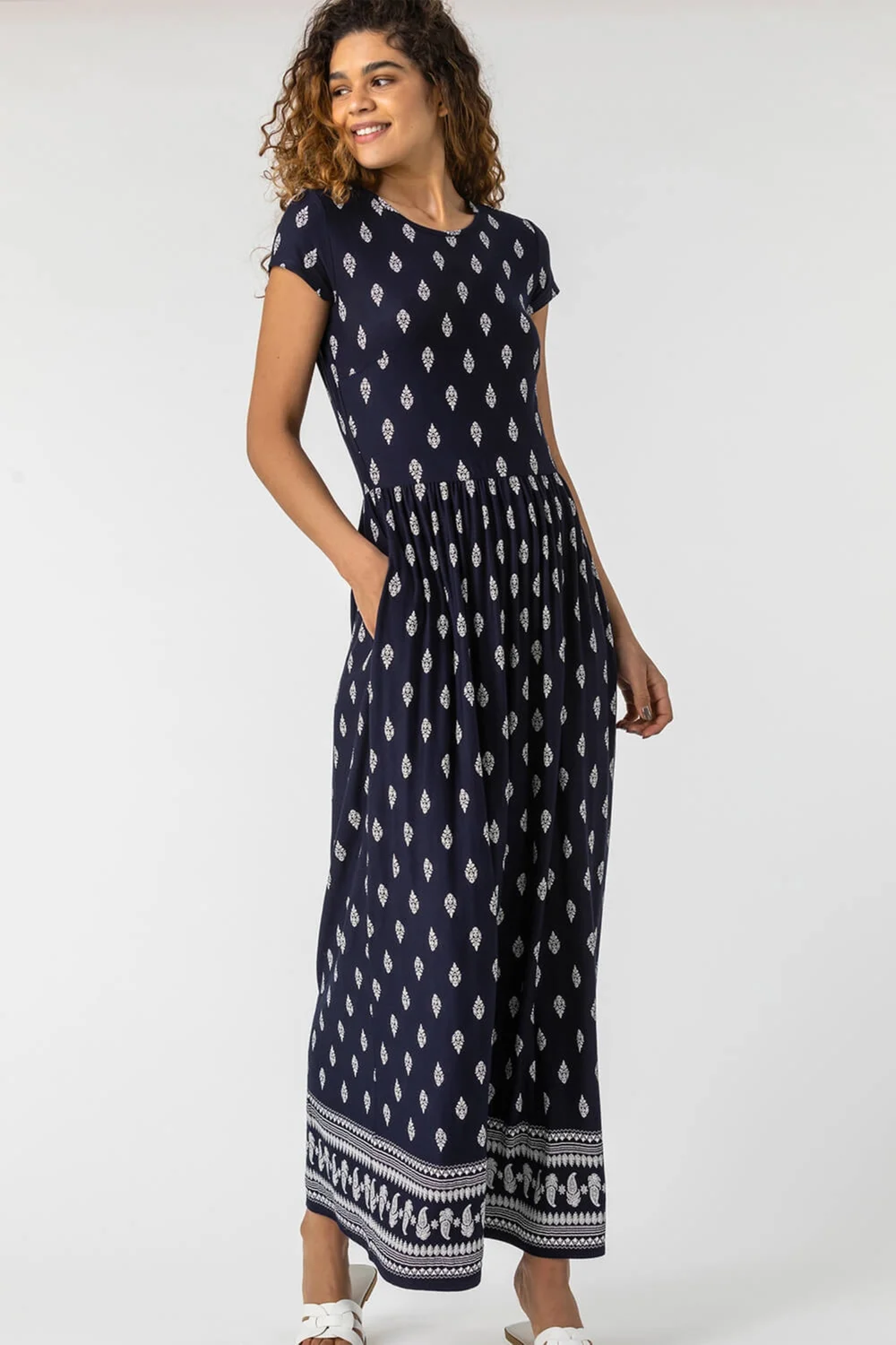 Roman Navy Paisley Border Print Stretch Maxi Dress - 10 Image 3