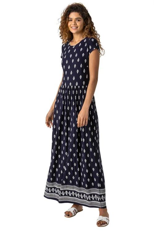 Roman Navy Paisley Border Print Stretch Maxi Dress - 10 Image 1
