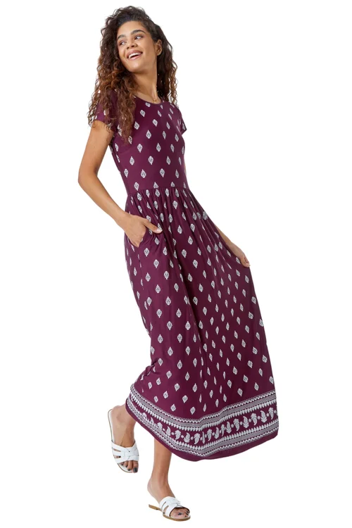 Roman Wine Paisley Border Print Stretch Maxi Dress - 10 Image 1