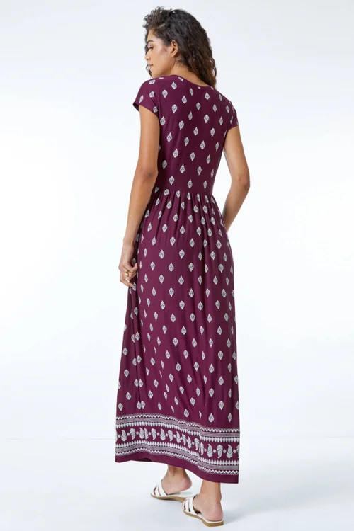 Roman Wine Paisley Border Print Stretch Maxi Dress - 10 Image 3