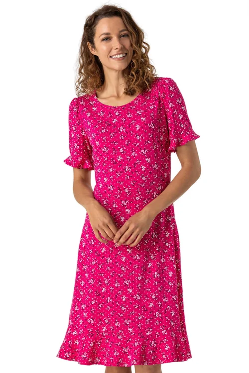 Roman Fuchsia Floral Print Fluted Hem Shift Dress - 10 Image 1