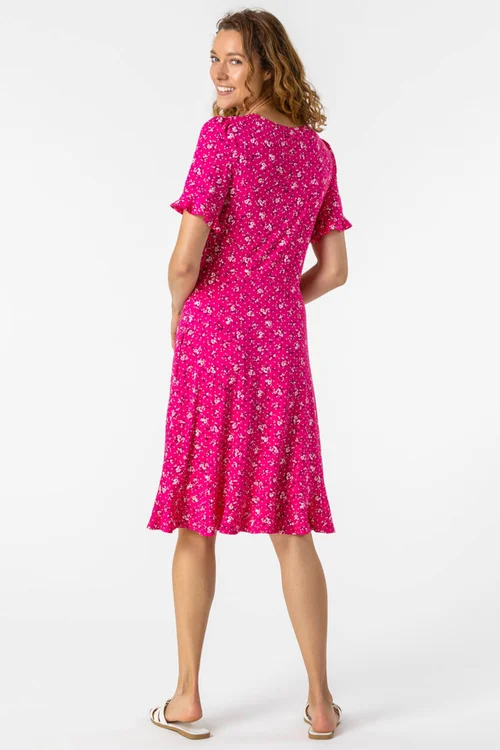 Roman Fuchsia Floral Print Fluted Hem Shift Dress - 10 Image 2