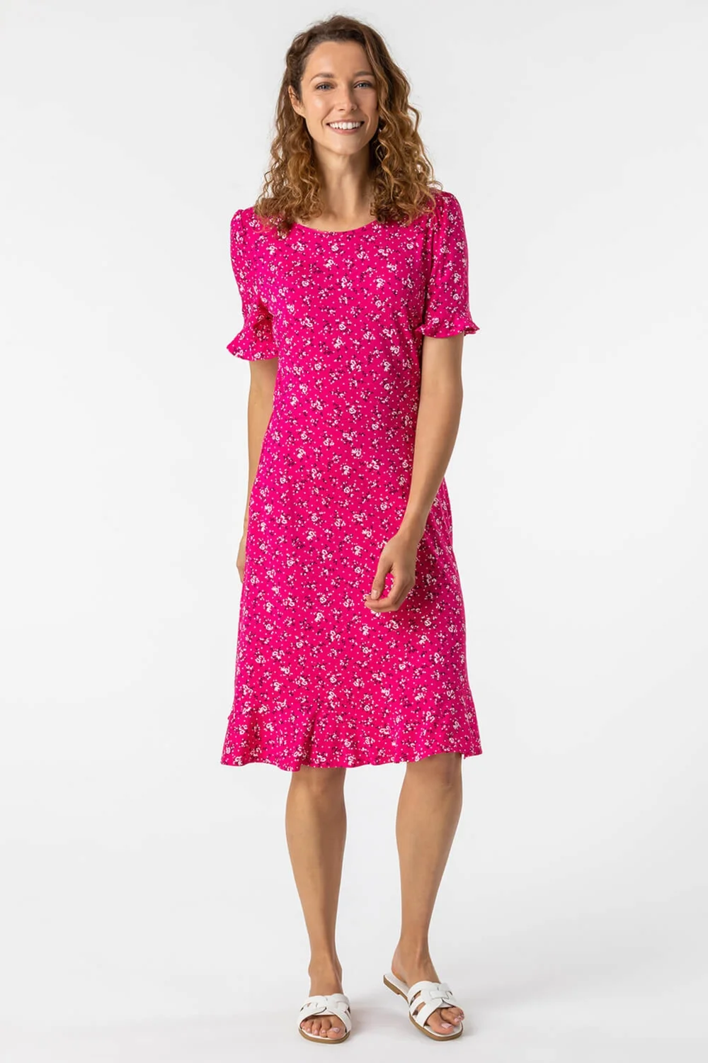 Roman Fuchsia Floral Print Fluted Hem Shift Dress - 10 Image 3