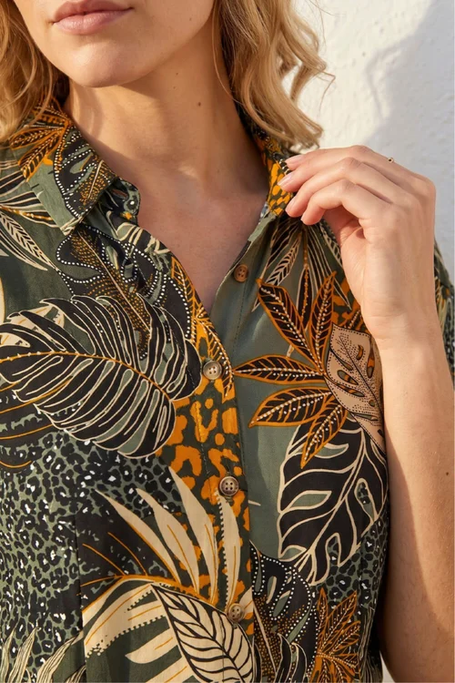 Roman Green Tropical Leaf Print Shirt Dress - 10 Image 4