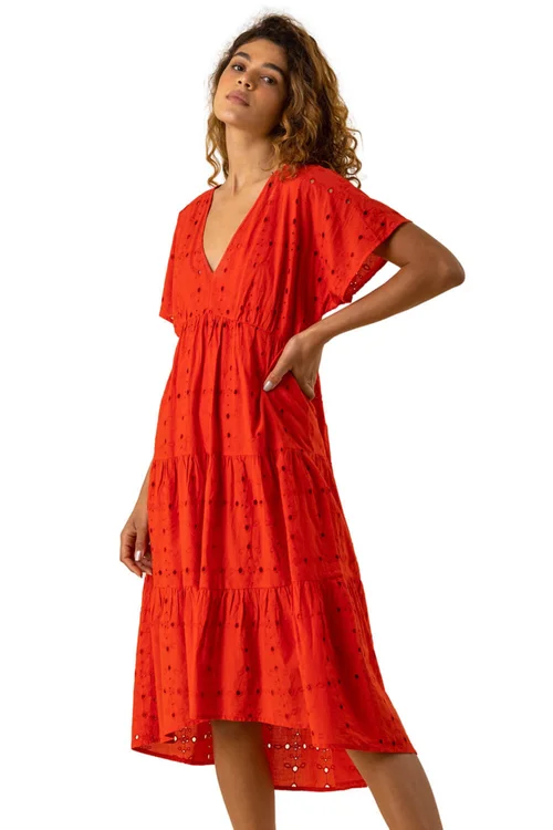 Roman Red Broderie Tiered Smock Skater Dress - 6 Image 1