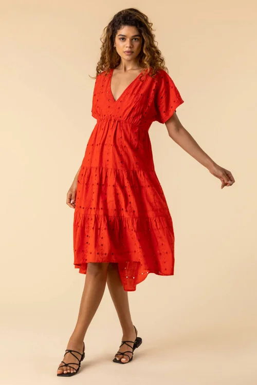Roman Red Broderie Tiered Smock Skater Dress - 6 Image 4