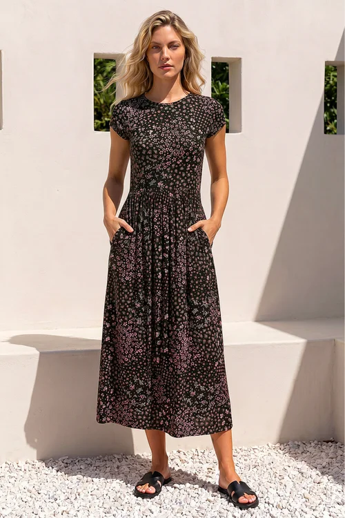 Roman Black Patchwork Floral Stretch Jersey Dress - 10 Image 2