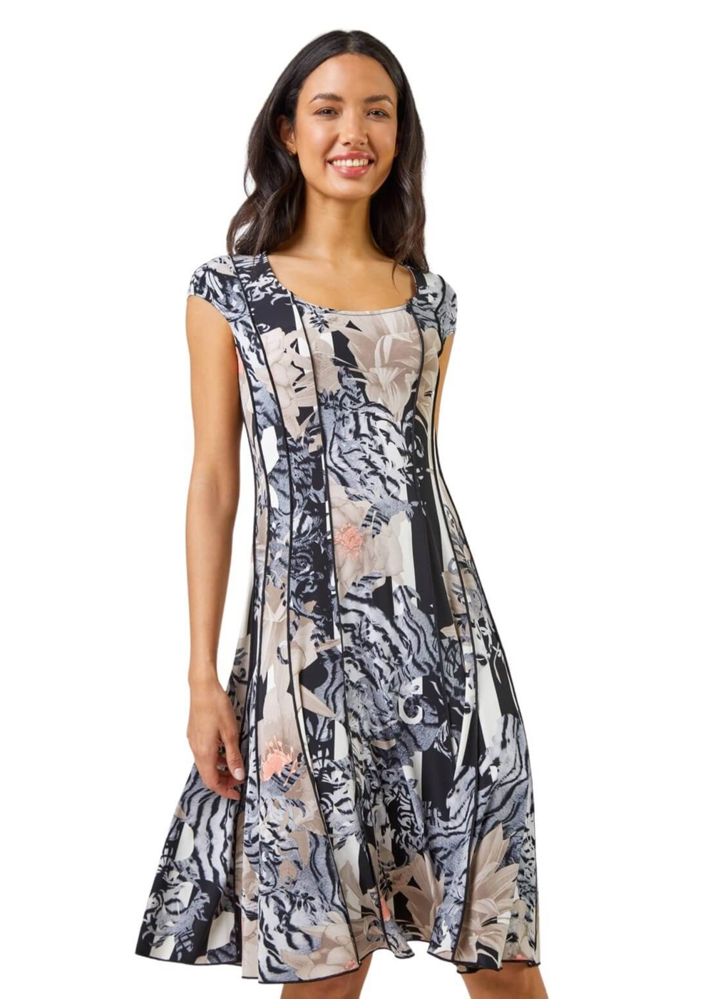 Roman Black Abstract Floral Print Panel Dress - 6 Image 1