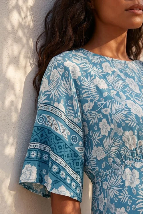 Roman Light Blue Floral Border Print Midi Dress - 6 Image 4