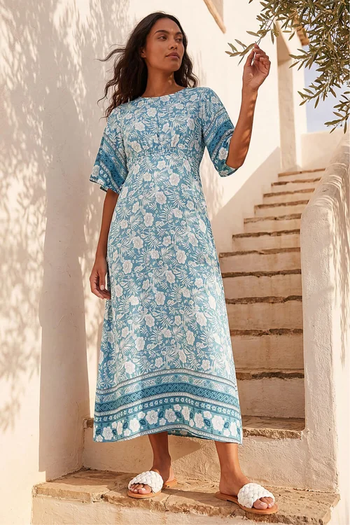 Roman Light Blue Floral Border Print Midi Dress - 6 Image 2