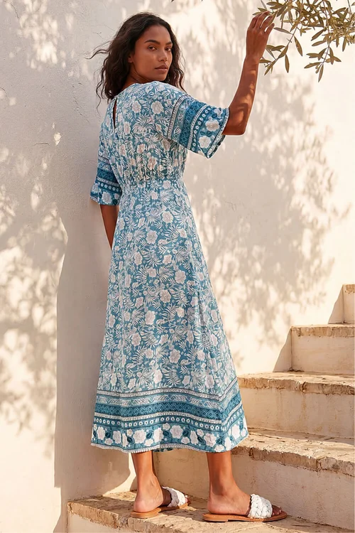 Roman Light Blue Floral Border Print Midi Dress - 6 Image 3