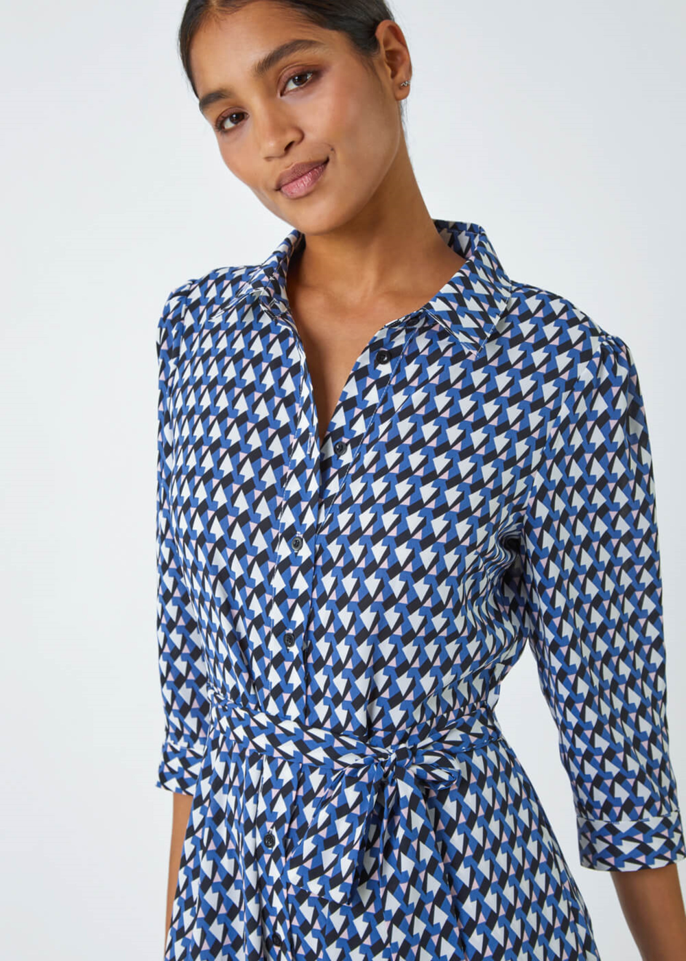 Roman Blue Geometric Print Tie Waist Midi Shirt Dress - 12 Roman Blue Geometric Print Tie Waist Midi Shirt Dress - 12