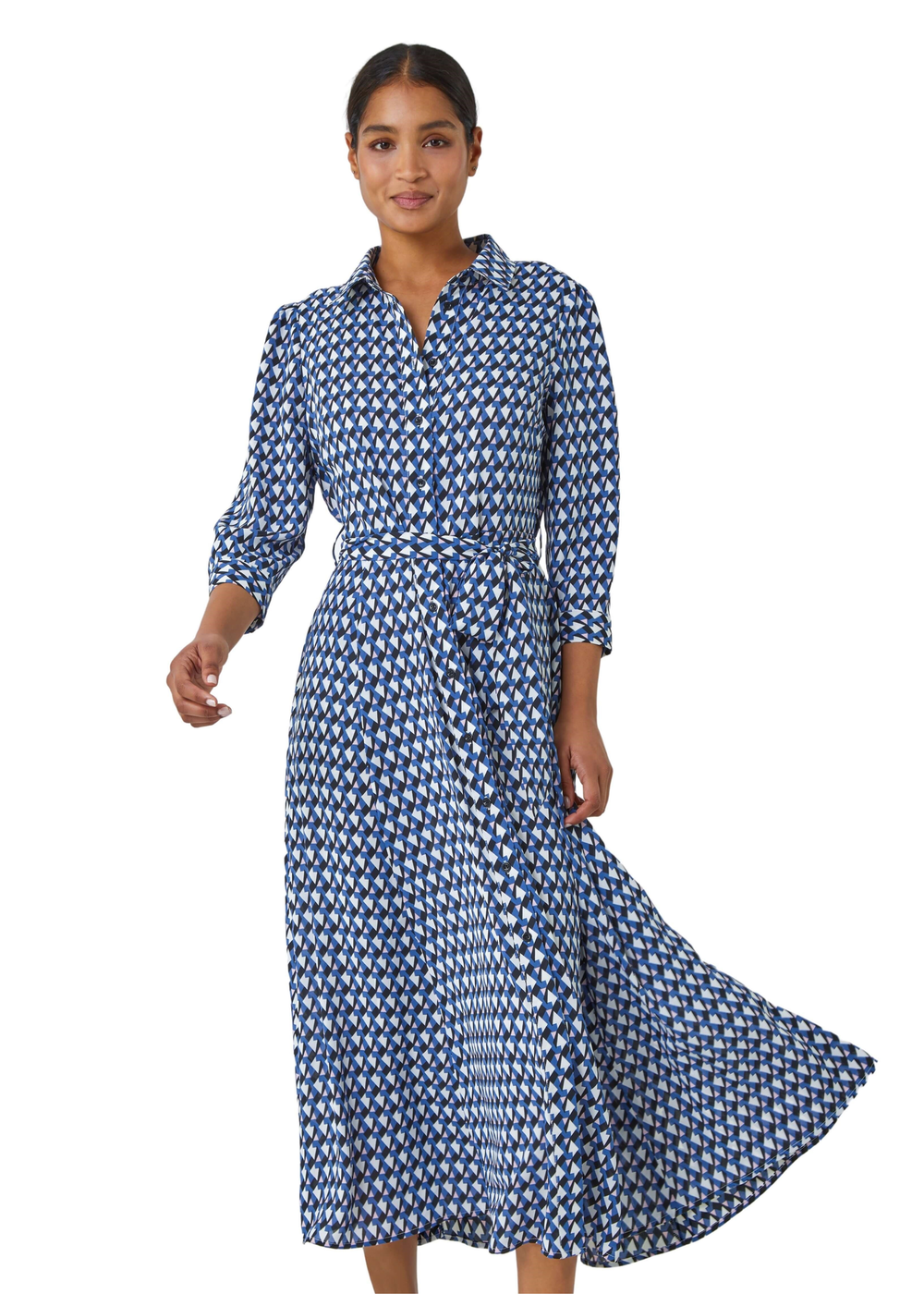 Roman Blue Geometric Print Tie Waist Midi Shirt Dress - 12 Roman Blue Geometric Print Tie Waist Midi Shirt Dress - 12