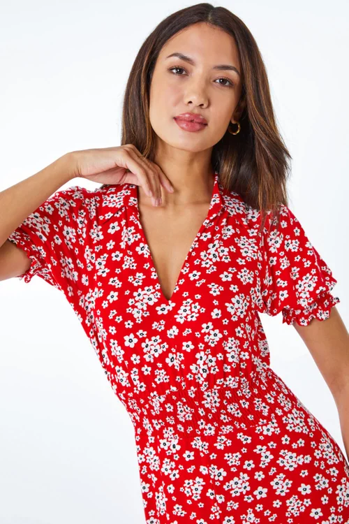 Roman Red Ditsy Floral Print Fit & Flare Dress - 6 Image 4