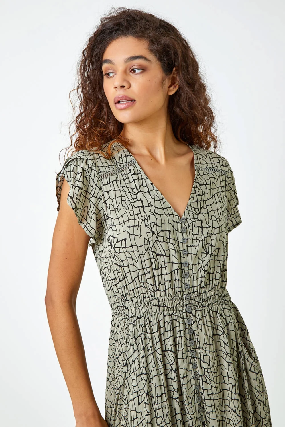 Roman Khaki Scribble Print Button Down Maxi Dress - 6 Image 4