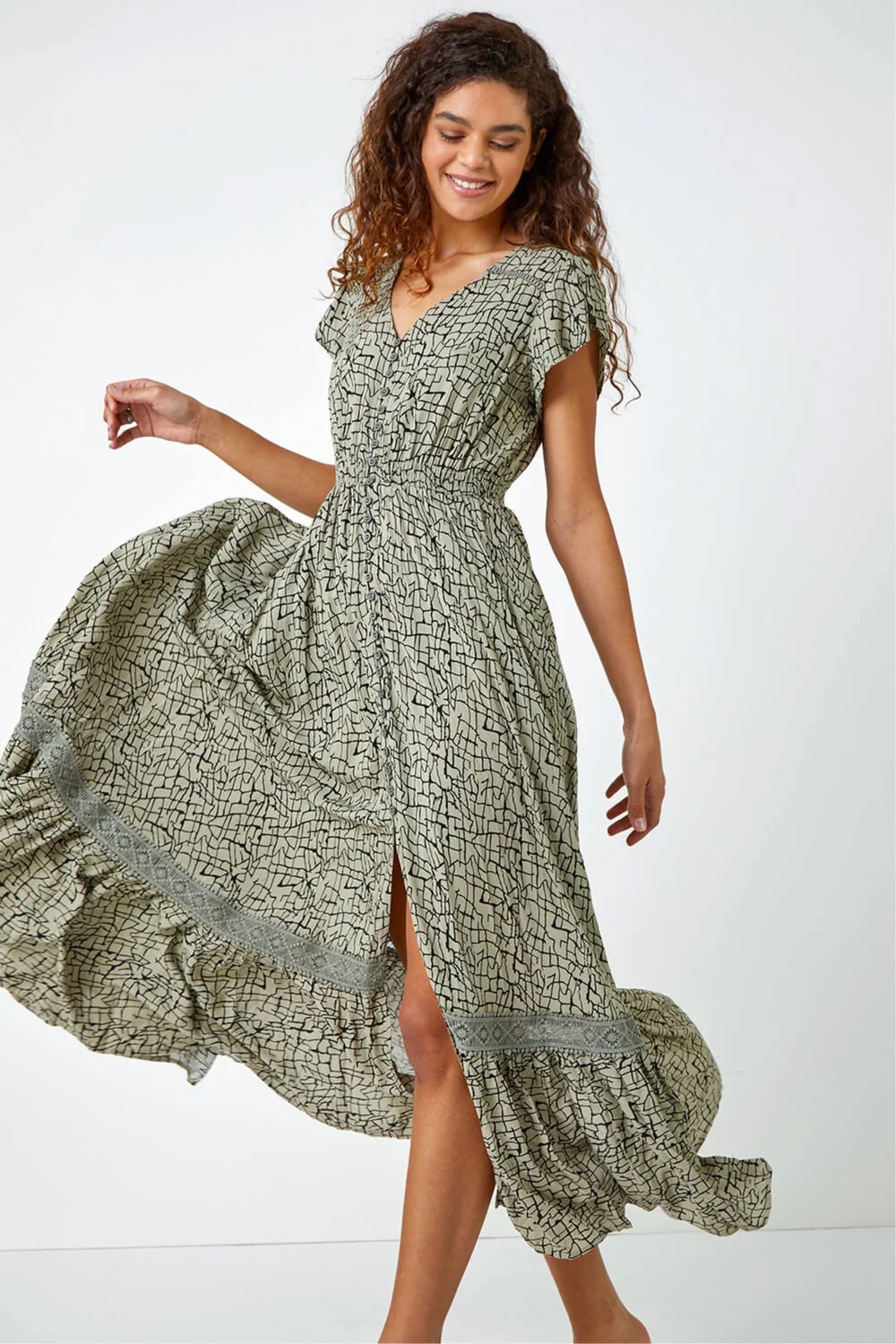 Roman Khaki Scribble Print Button Down Maxi Dress - 6 Image 1