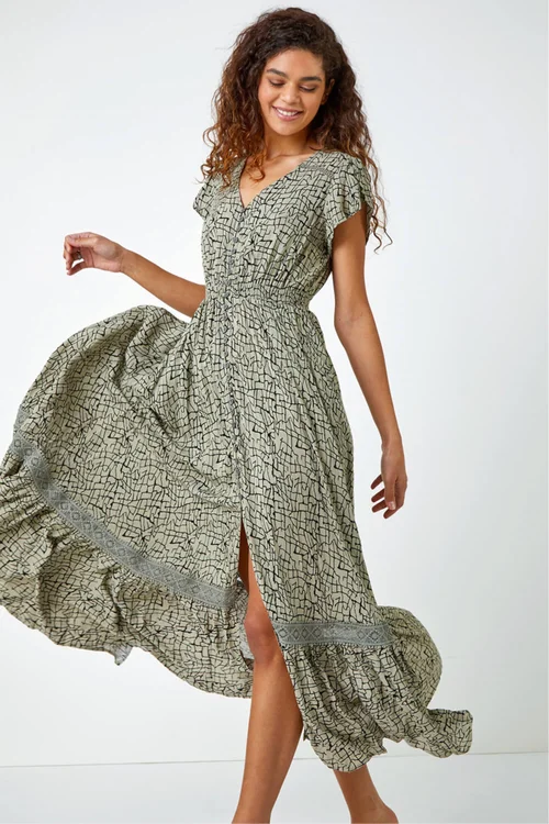 Roman Khaki Scribble Print Button Down Maxi Dress - 6 Image 1