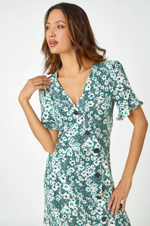 Roman Green Stretch Floral Print Button Tea Dress - 6 Image 4