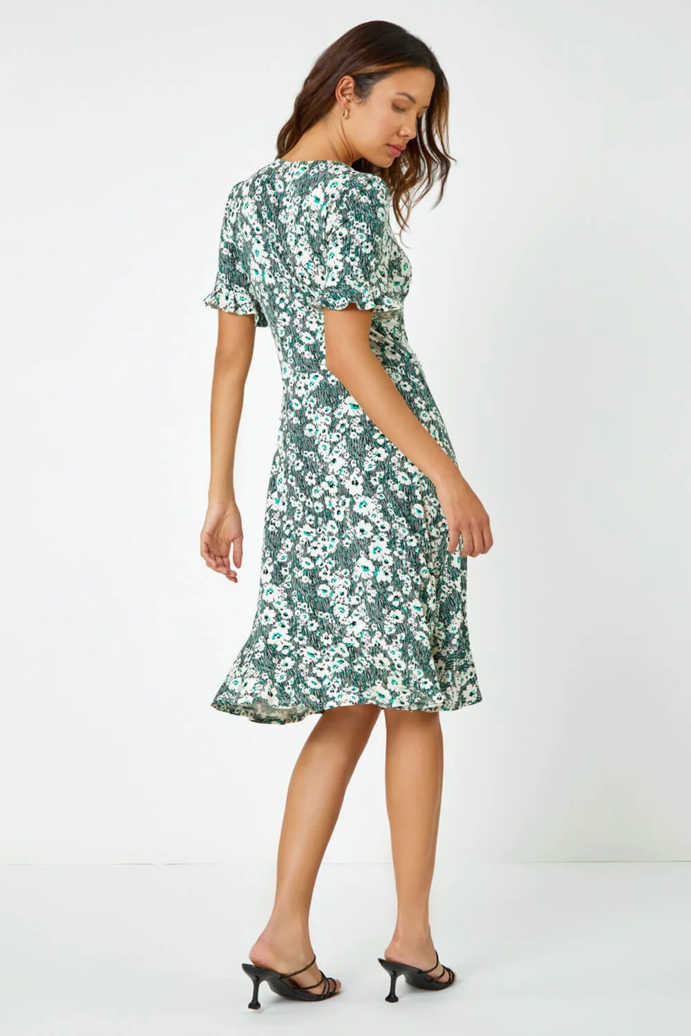 Roman Green Stretch Floral Print Button Tea Dress - 6 Image 3