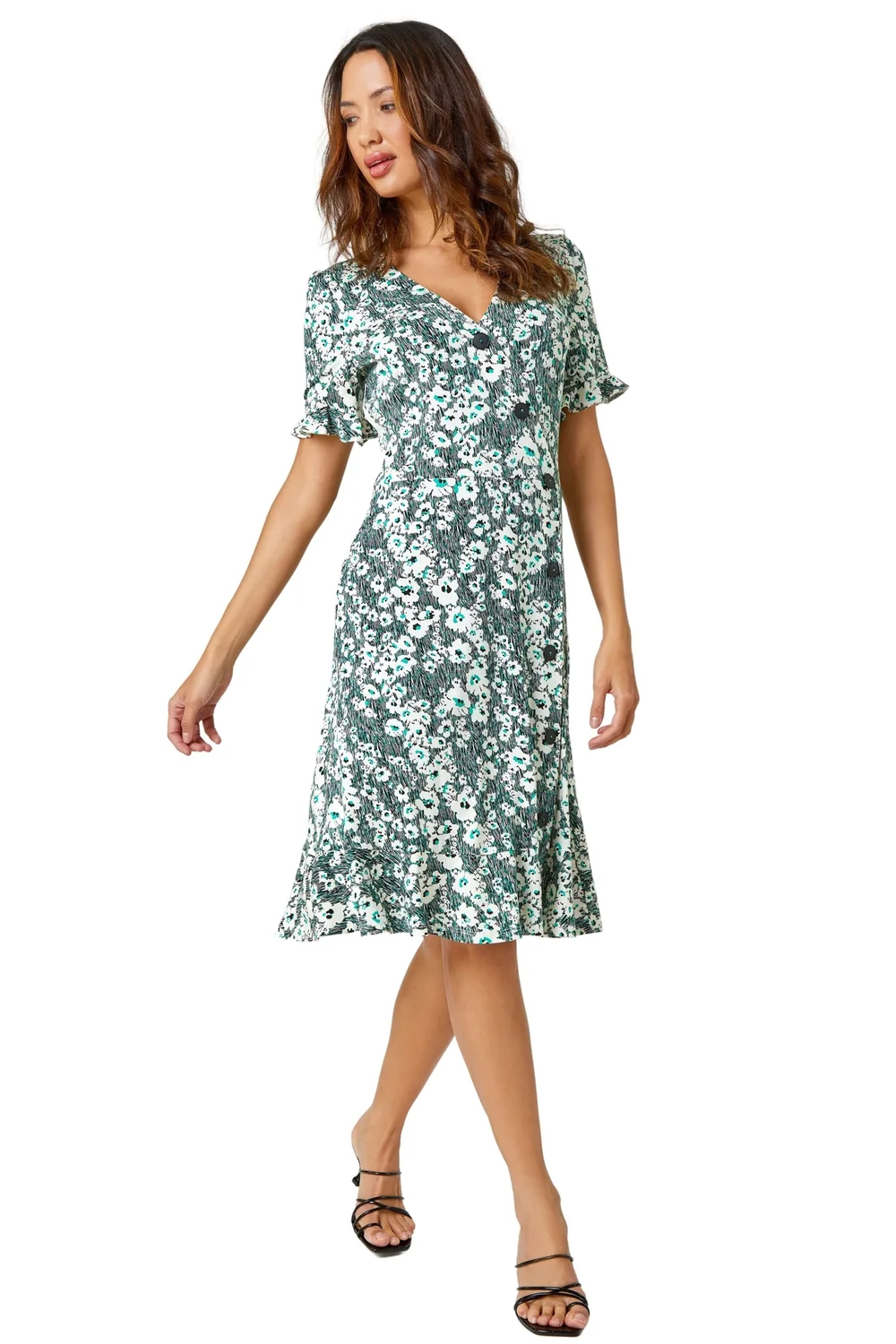 Roman Green Stretch Floral Print Button Tea Dress - 6 Image 2