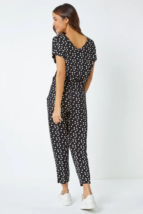 Roman Black Polka Dot Print Stretch Jumpsuit - Size 6 Image 4