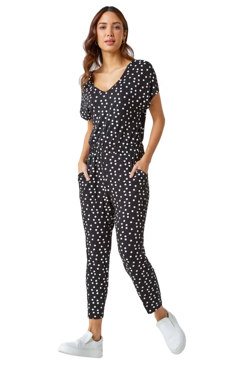 Roman Black Polka Dot Print Stretch Jumpsuit - Size 6 Image 1