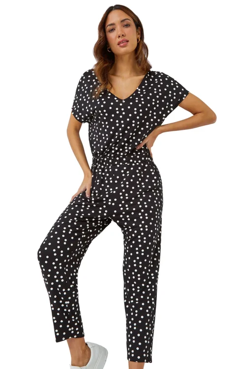 Roman Black Polka Dot Print Stretch Jumpsuit - Size 6 Image 2