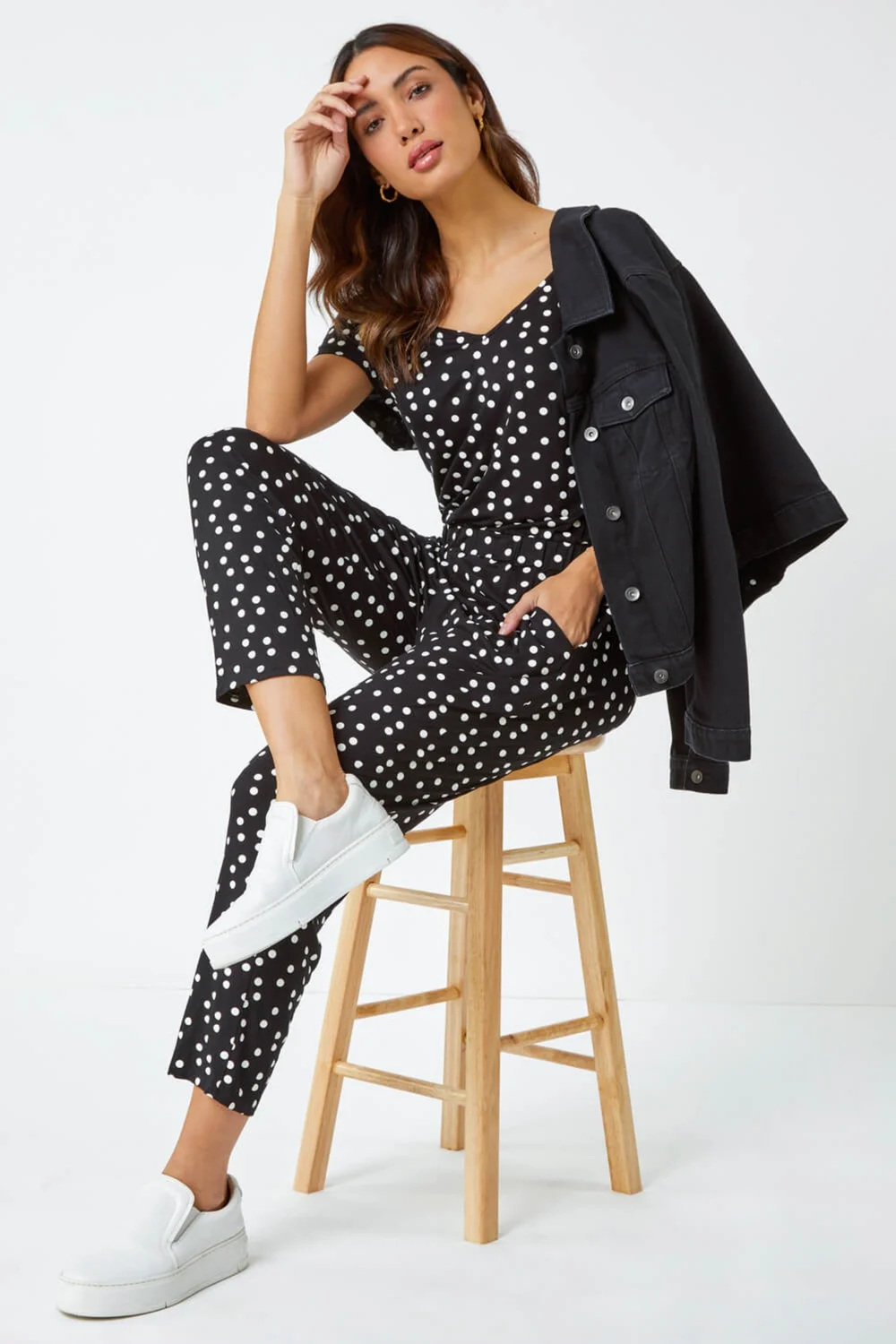 Roman Black Polka Dot Print Stretch Jumpsuit - Size 6 Image 3