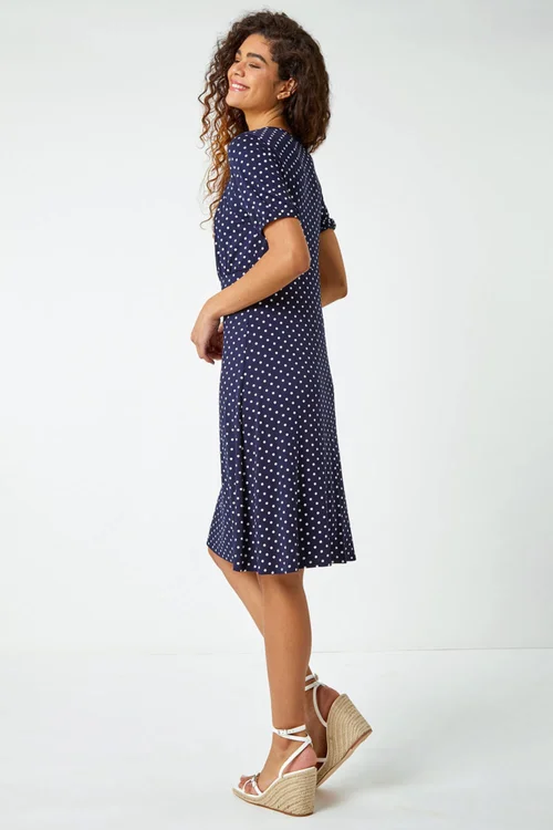 Roman Navy Polka Dot Print Stretch Dress - 6 Image 3