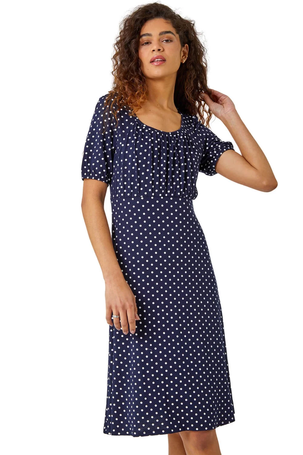 Roman Navy Polka Dot Print Stretch Dress - 6 Image 1