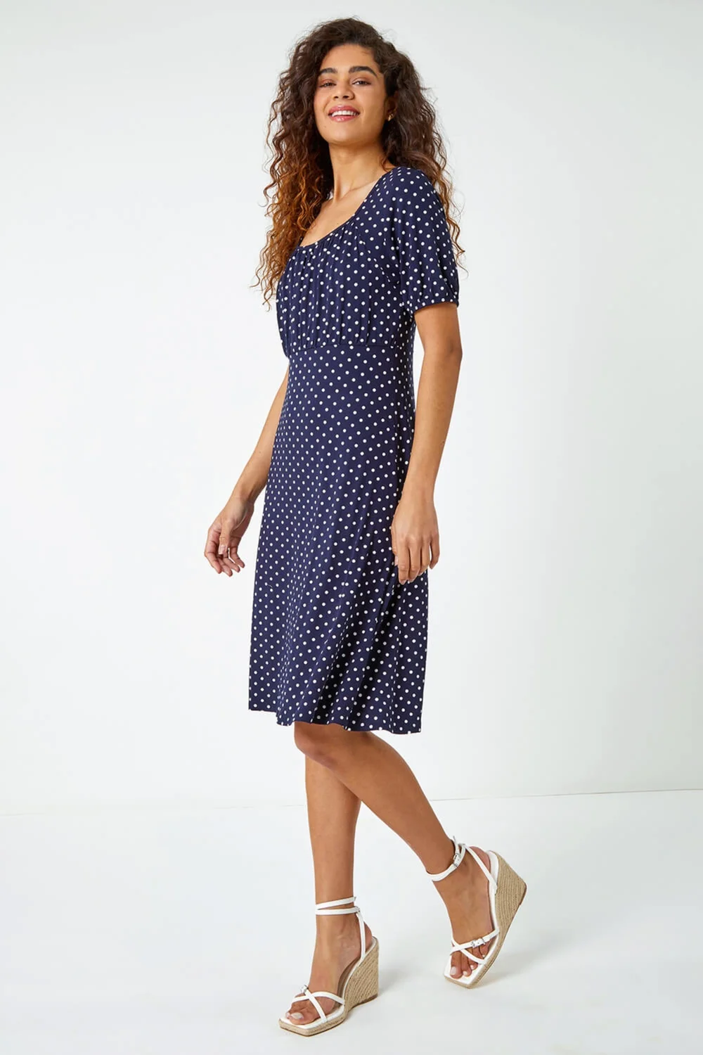 Roman Navy Polka Dot Print Stretch Dress - 6 Image 2
