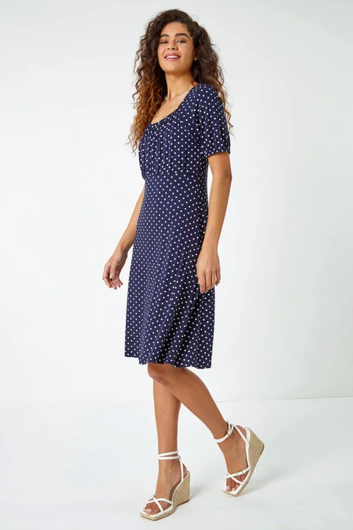 Roman Navy Polka Dot Print Stretch Dress - 6 Image 2
