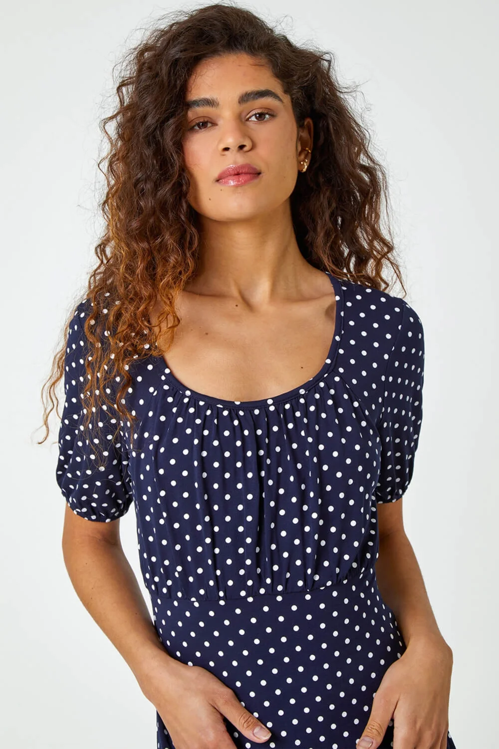 Roman Navy Polka Dot Print Stretch Dress - 6 Image 4